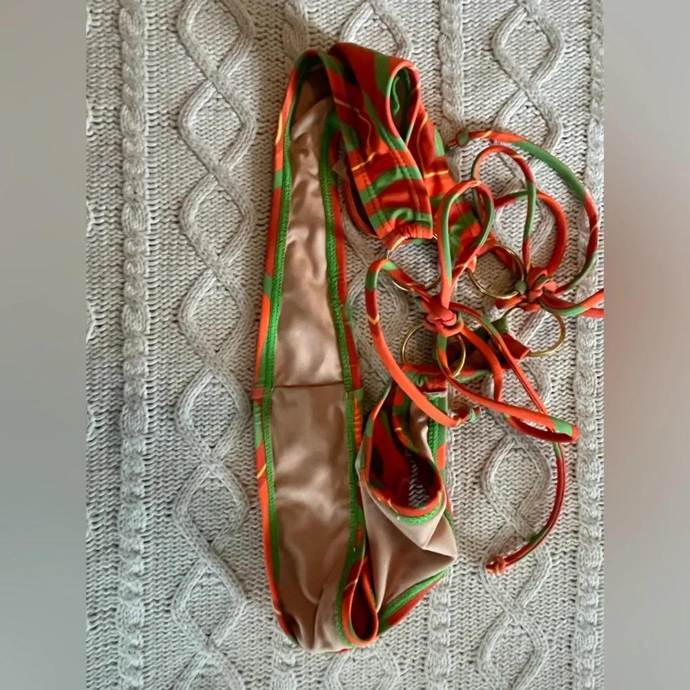 Fashion Nova Orange & Green Bikini Thong Metal Hardware on Hips Women’s SZ L - Picture 2 of 11